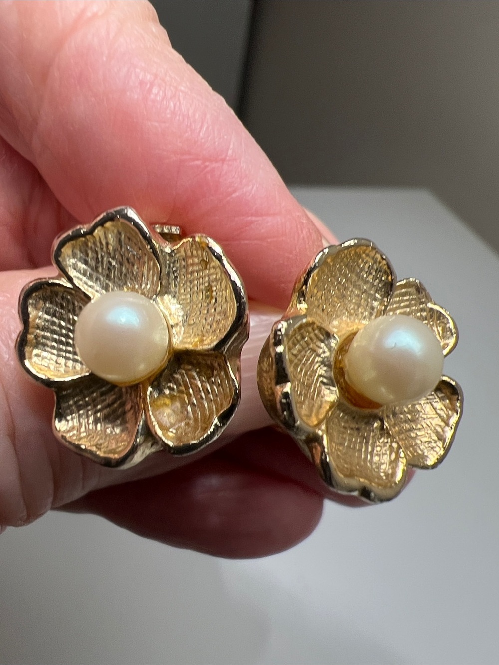 Gold Floral Pearl Clip-On Earrings - Vintage